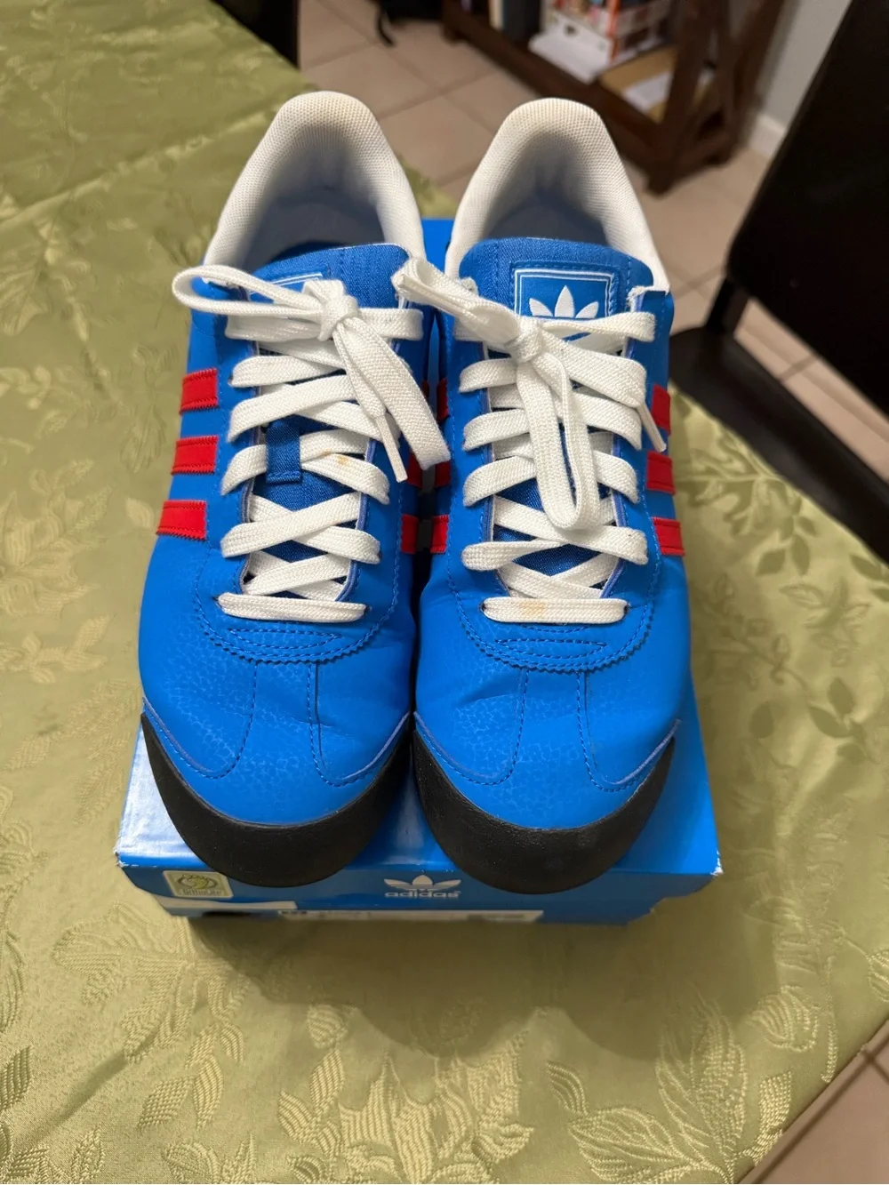 Big Kids Adidas Samoa Blue Sneakers with Red Stripes
